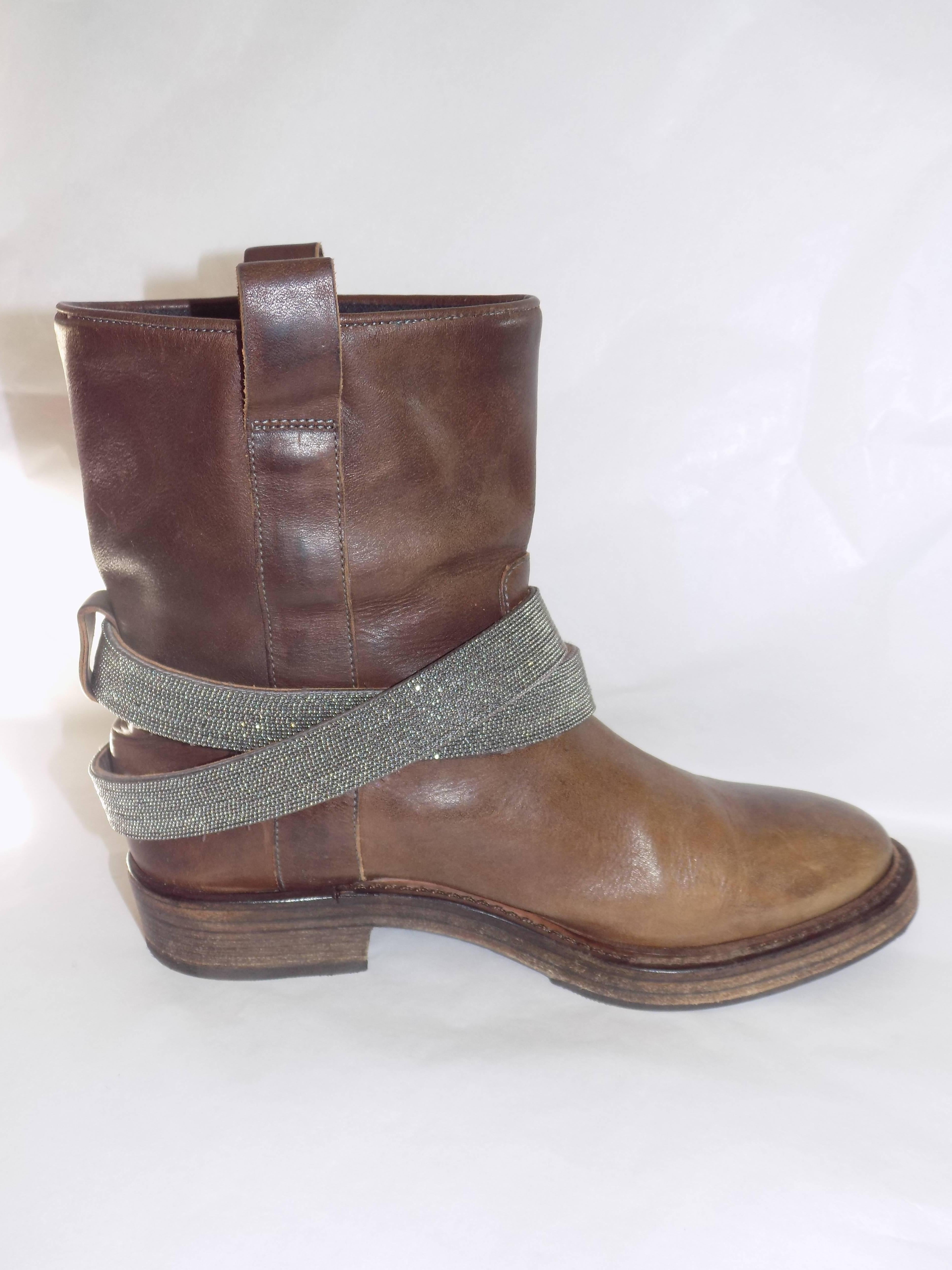 Brunello Cucinelli Leather Boots with Monili Strap Sold out Ret $1945 2