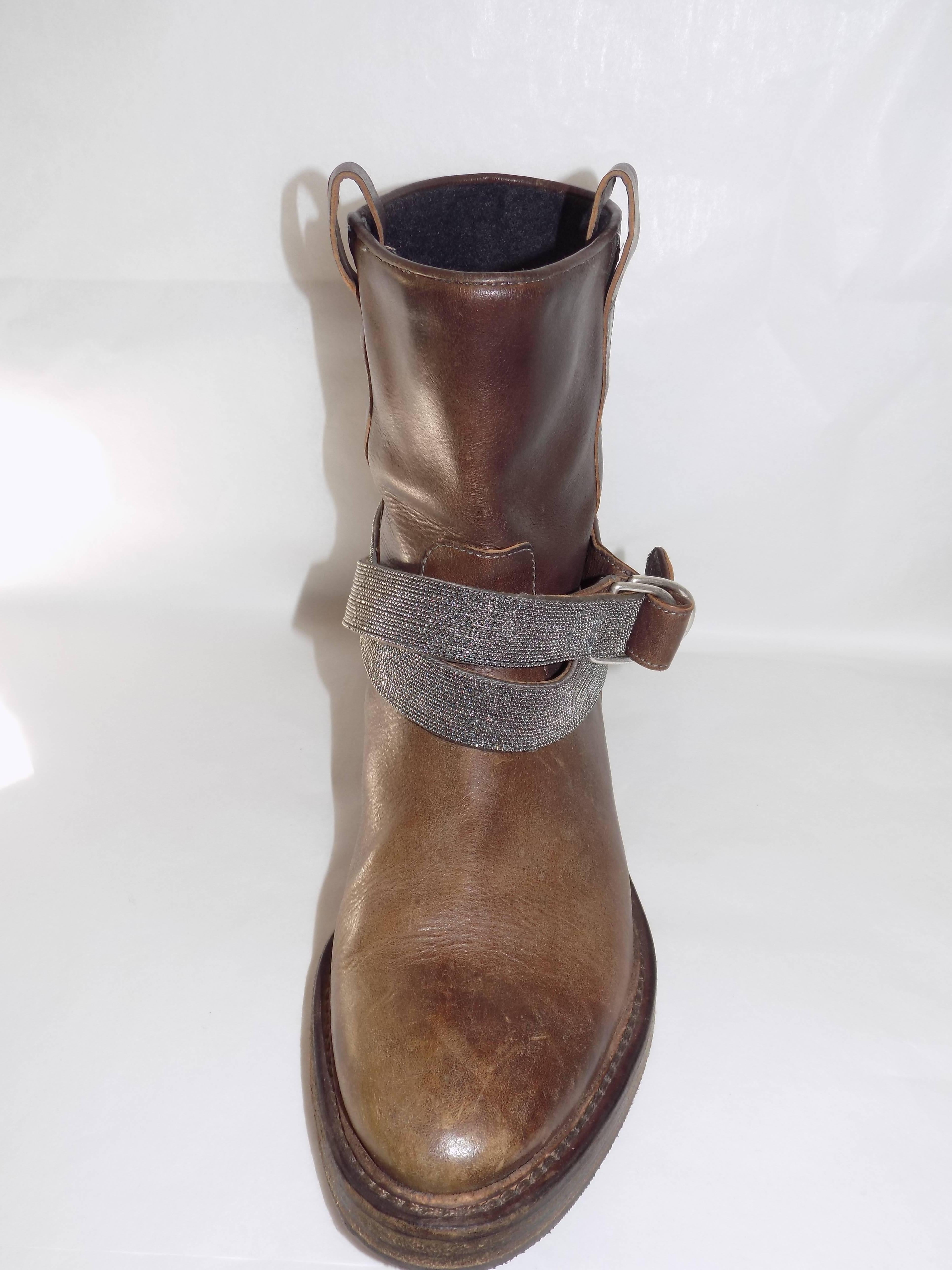 Women's Brunello Cucinelli Leather Boots with Monili Strap Sold out Ret $1945