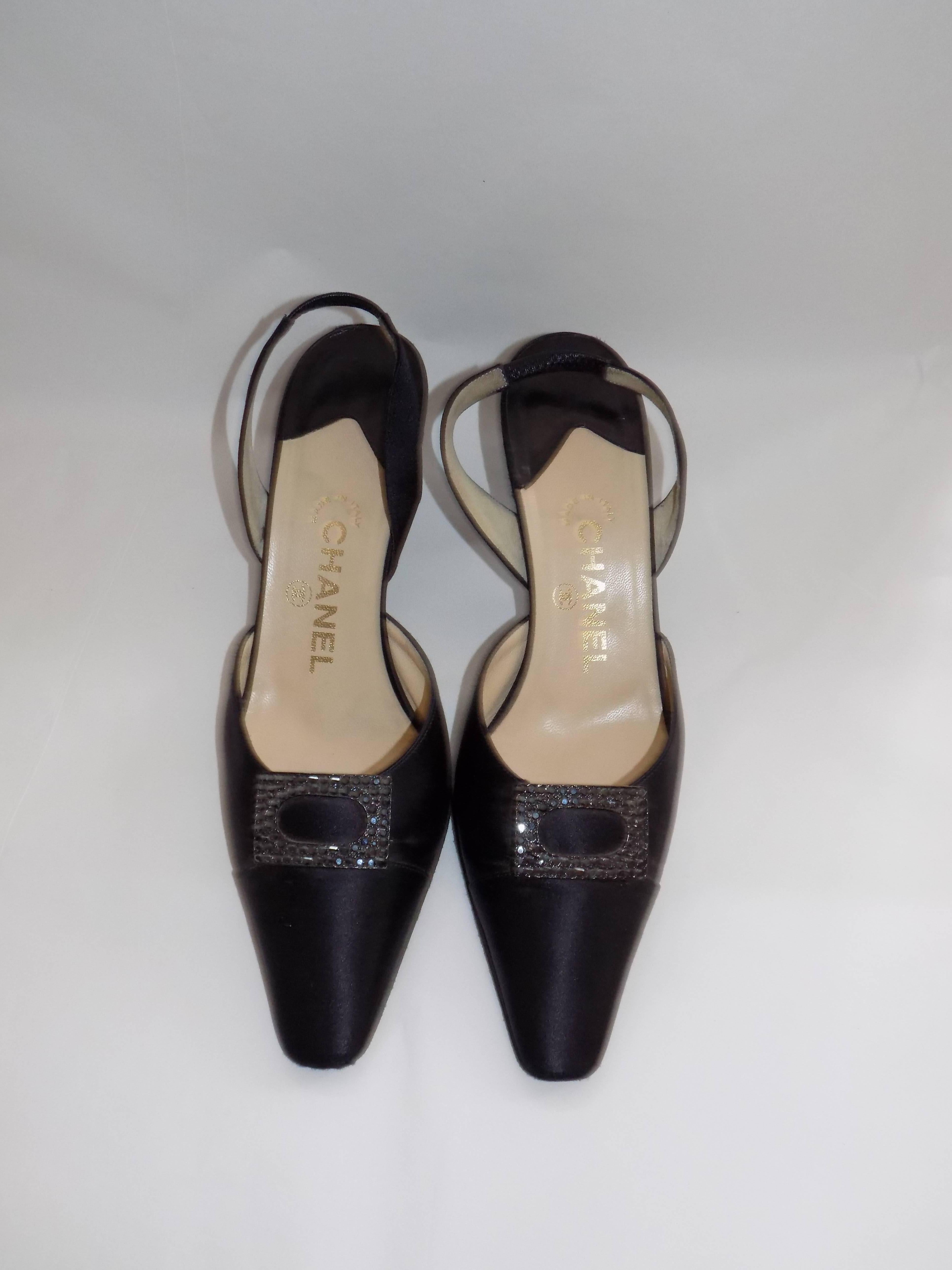 Black Chanel Slingback Evening Shoe With Crystals For Sale