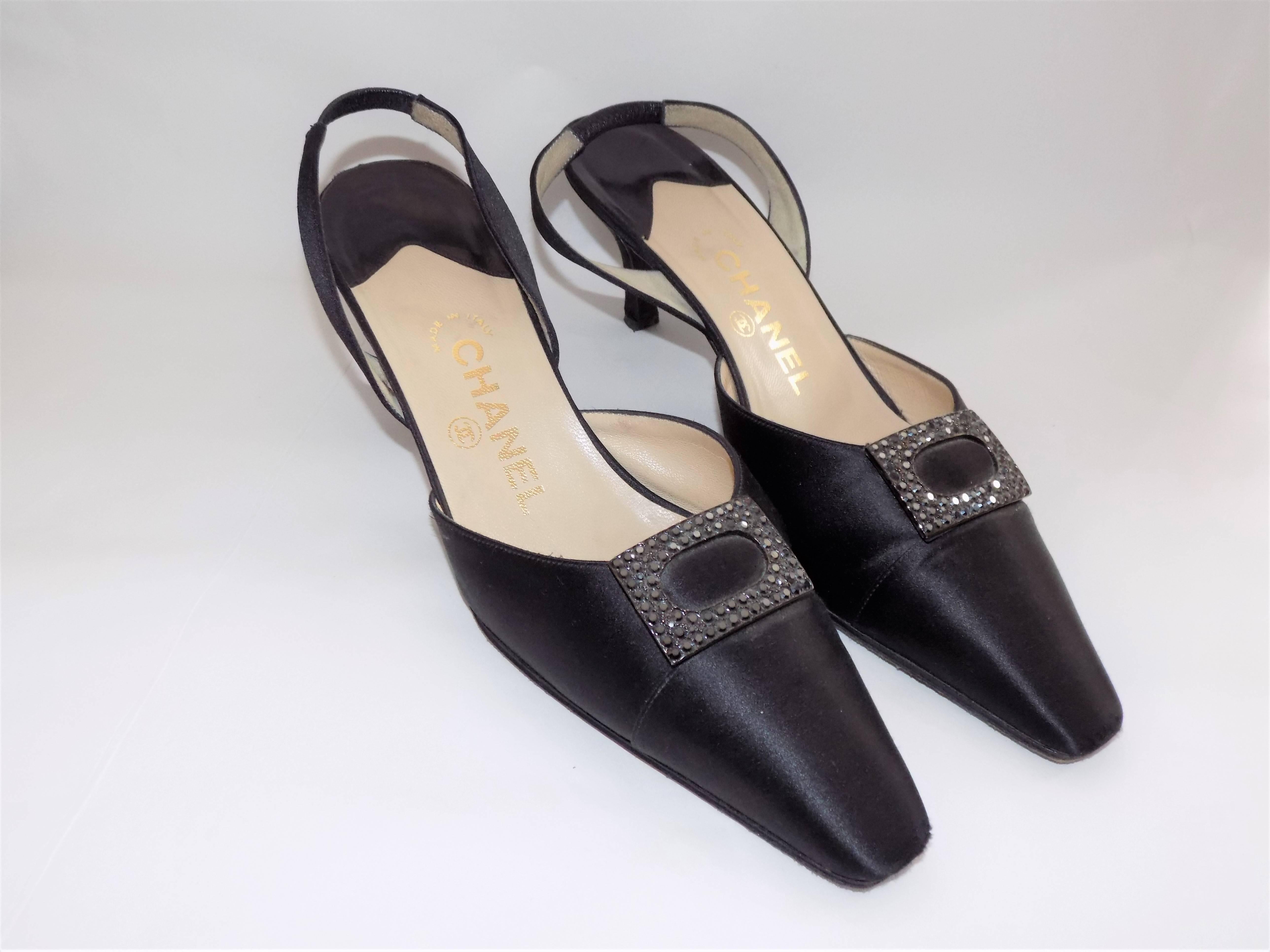 Worn few times in very good condition black Chanel sling back evening shoes. Low heel to keep you comfortable all night and very beautiful front crystal buckle.