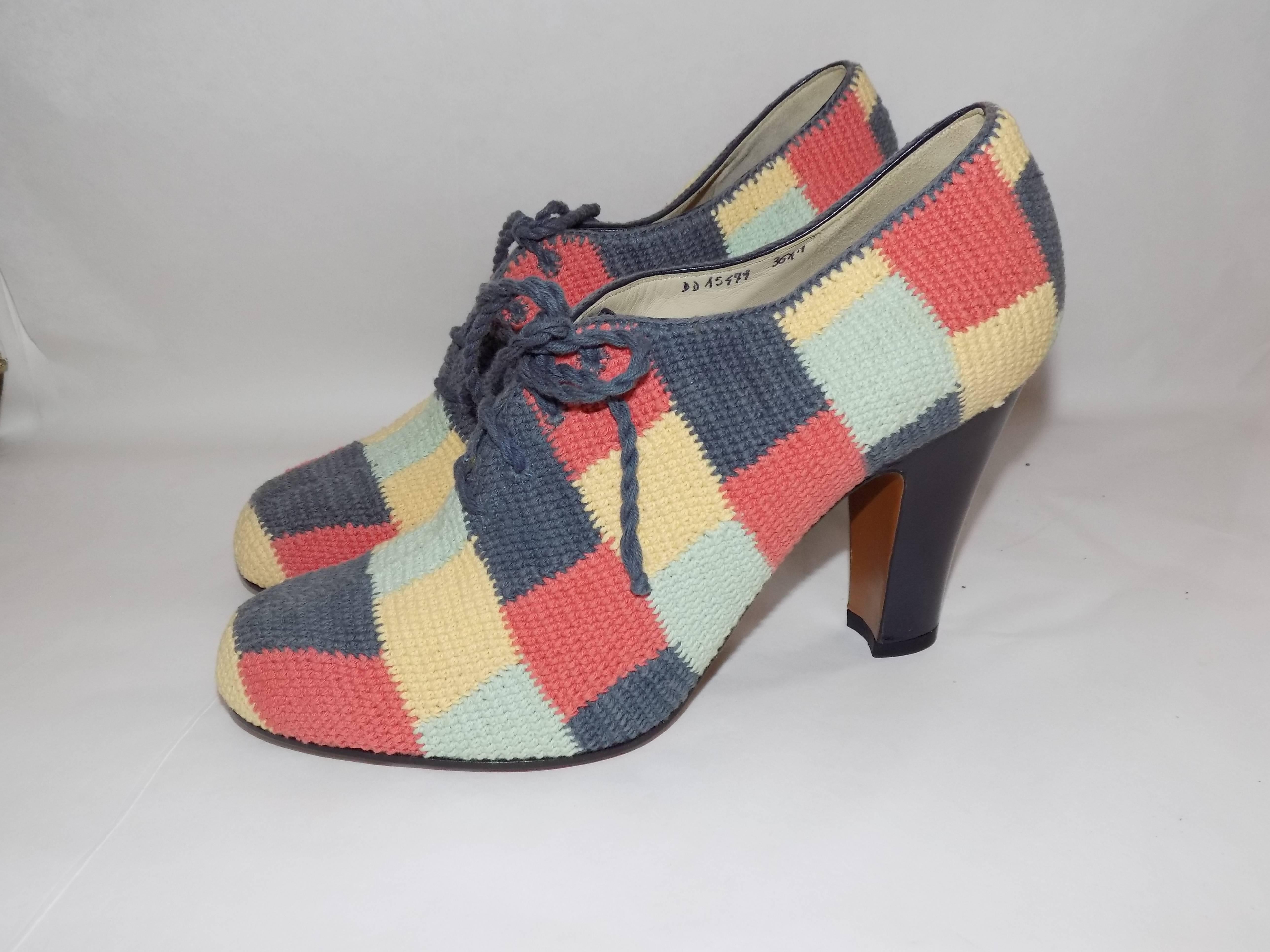 Truly  Iconic Salvatore Ferragamo limited  Museum edition Hand  crochet  oxford shoes. Patchwork motif  over leather . with navy leather covered  heel  and trim. . New in Box. Numbered 23 of 150 size 6 1/2. Luxurion gold sleeper bags and box. Hand
