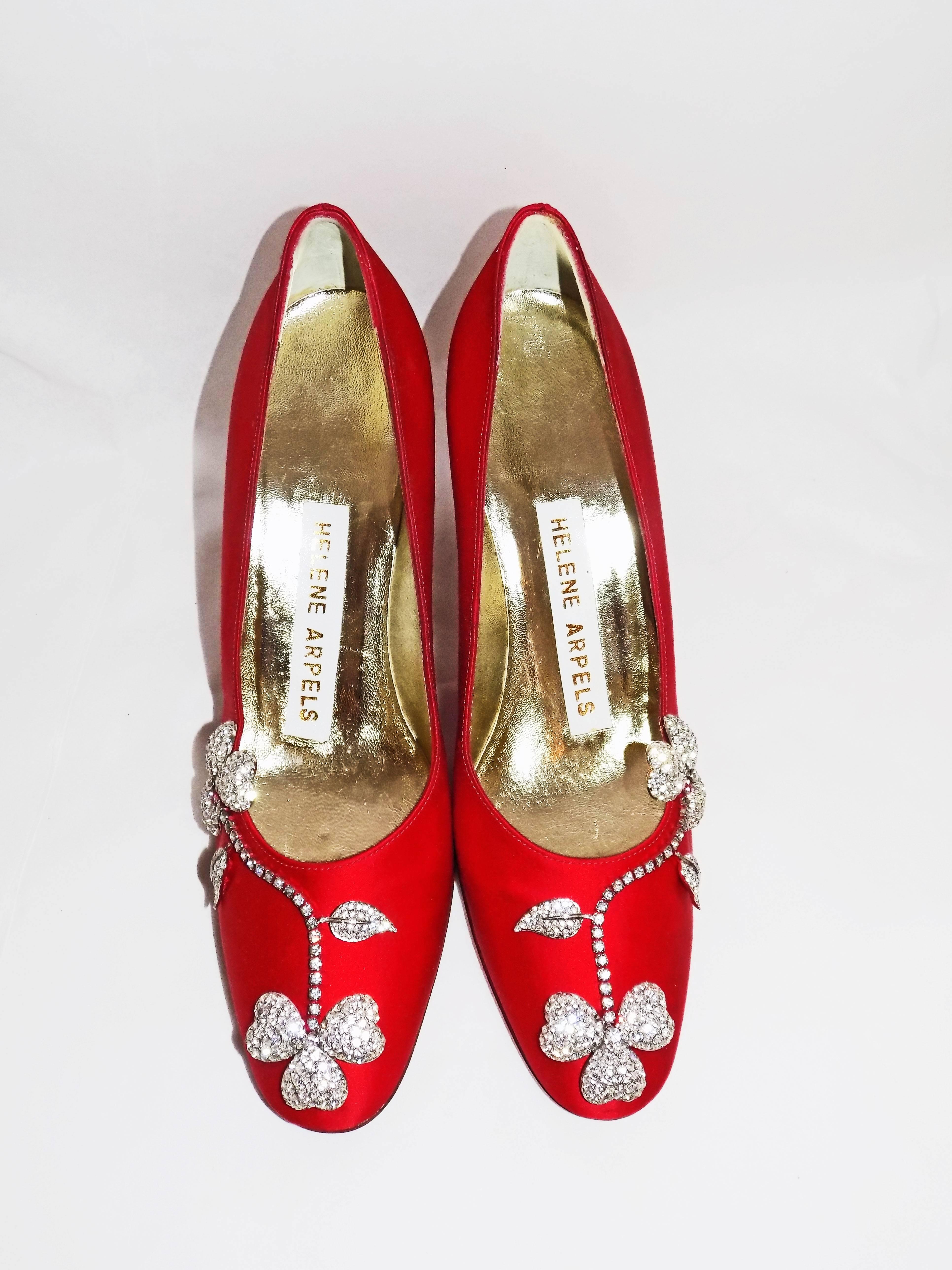 Never worn incredible hand made RED  silk Helene Arpels  jeweled shoe. Couture Line Signature Madame Arpels jewels design with clovers all hand made in crystals. Size 38