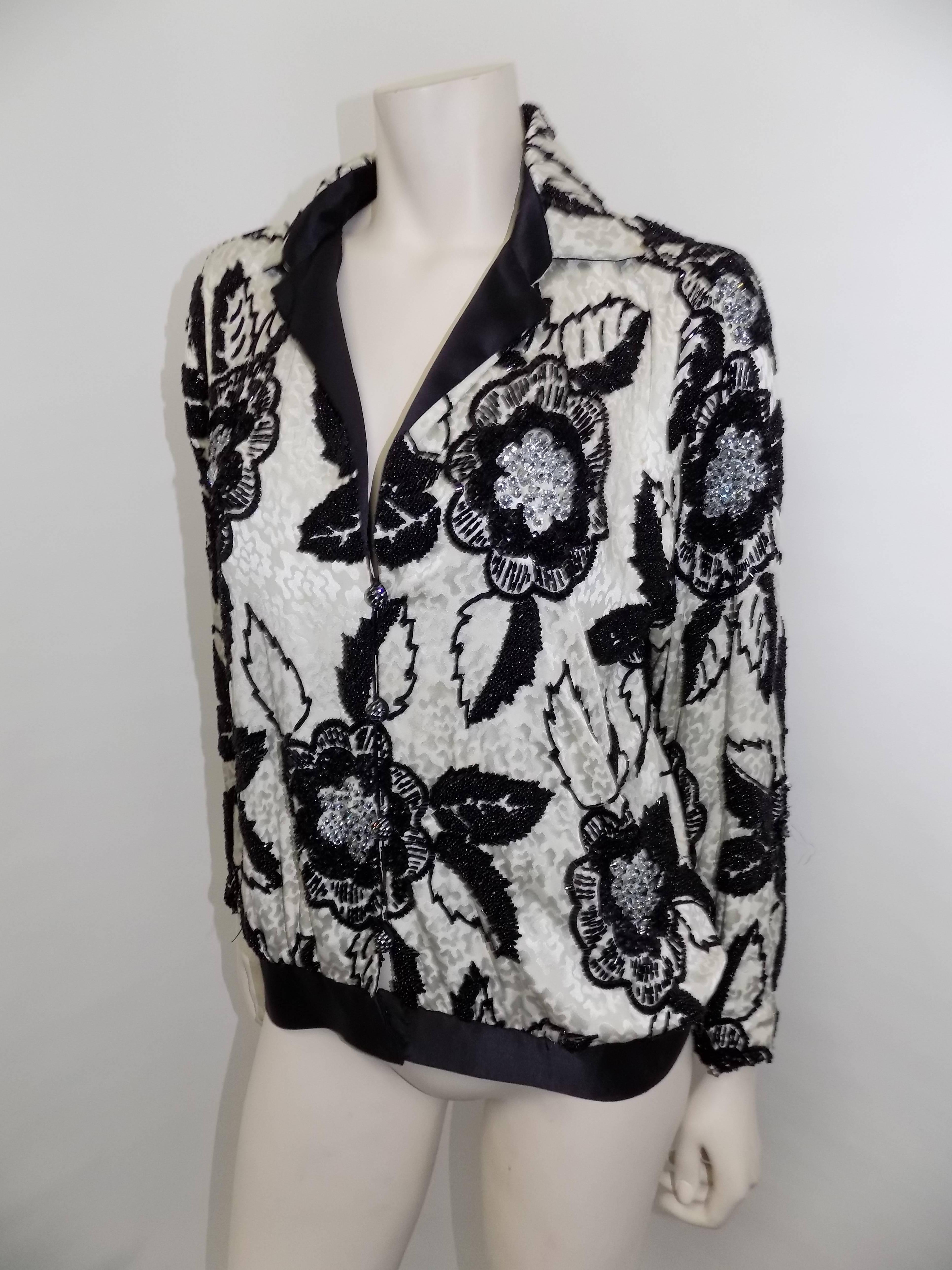 Galanos Vintage  Silk jacquard Beaded bomber jacket In Excellent Condition For Sale In New York, NY