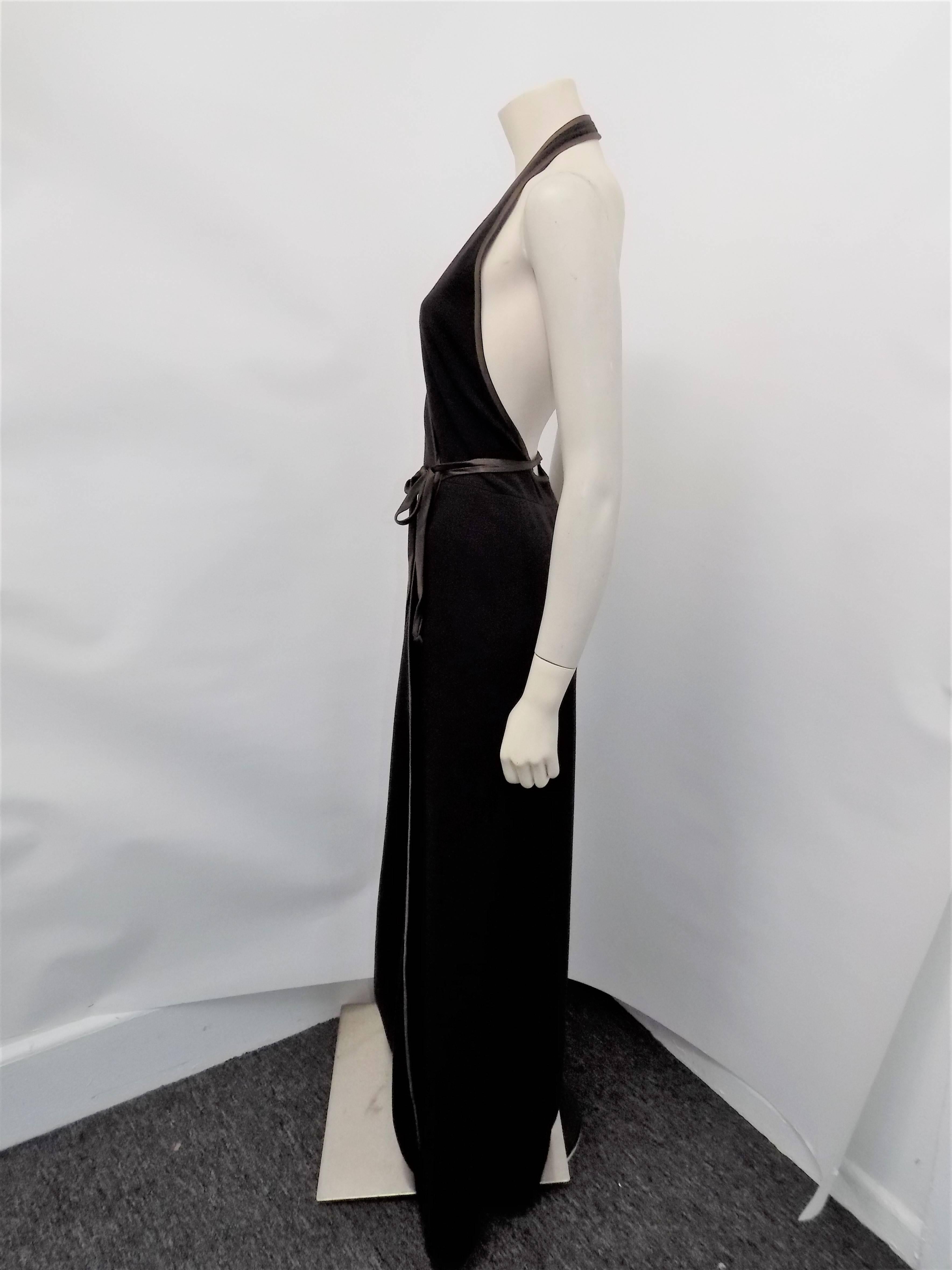 Stunning Iconic Sibley- Coffee Wrap maxi Halter dress. Brown wool with  silk piping. Pristine condition like new!!!no signs of any wear. There is no size in the dress but it will fit up to waist size 28" hips 38" length from the waist to