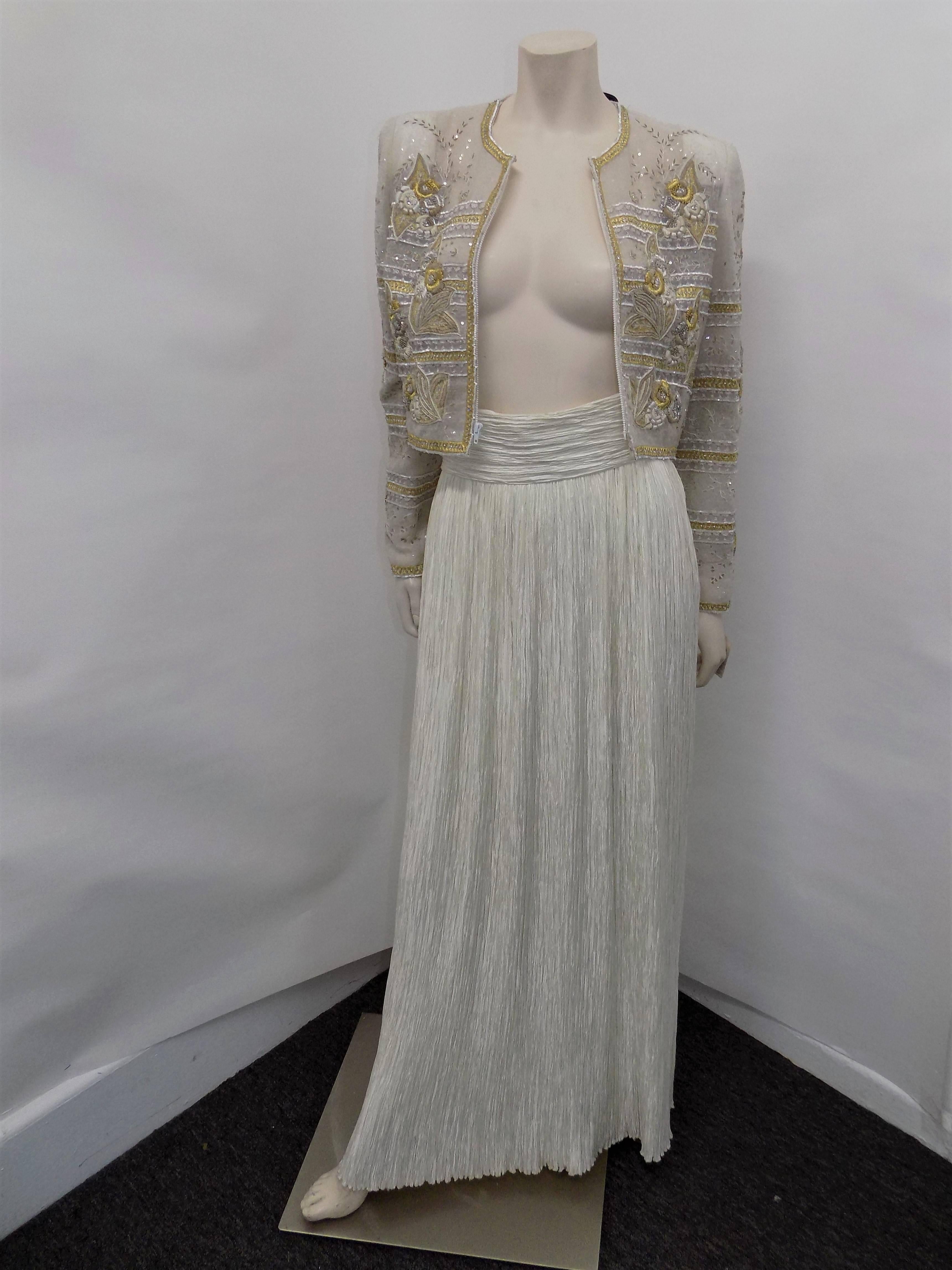 Women's Mary McFadden Couture Bolero beaded jacket with pleated skirt For Sale
