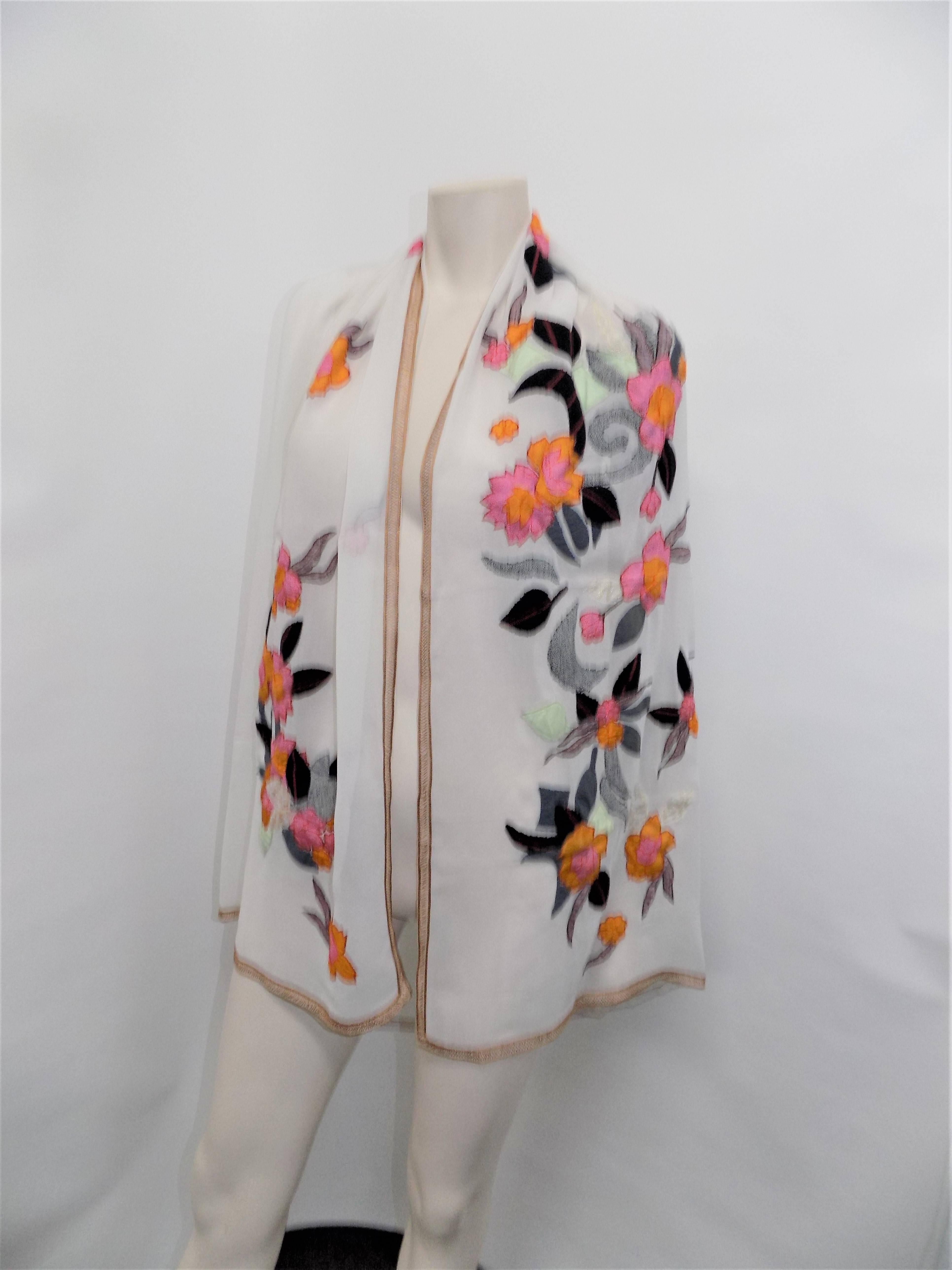 Beautiful and perfect for summer Drie Van Noten white silk chiffon oversized shawl that could be  turned into kimono. Vibrant colors  floral embroidery . embroidered trim. 