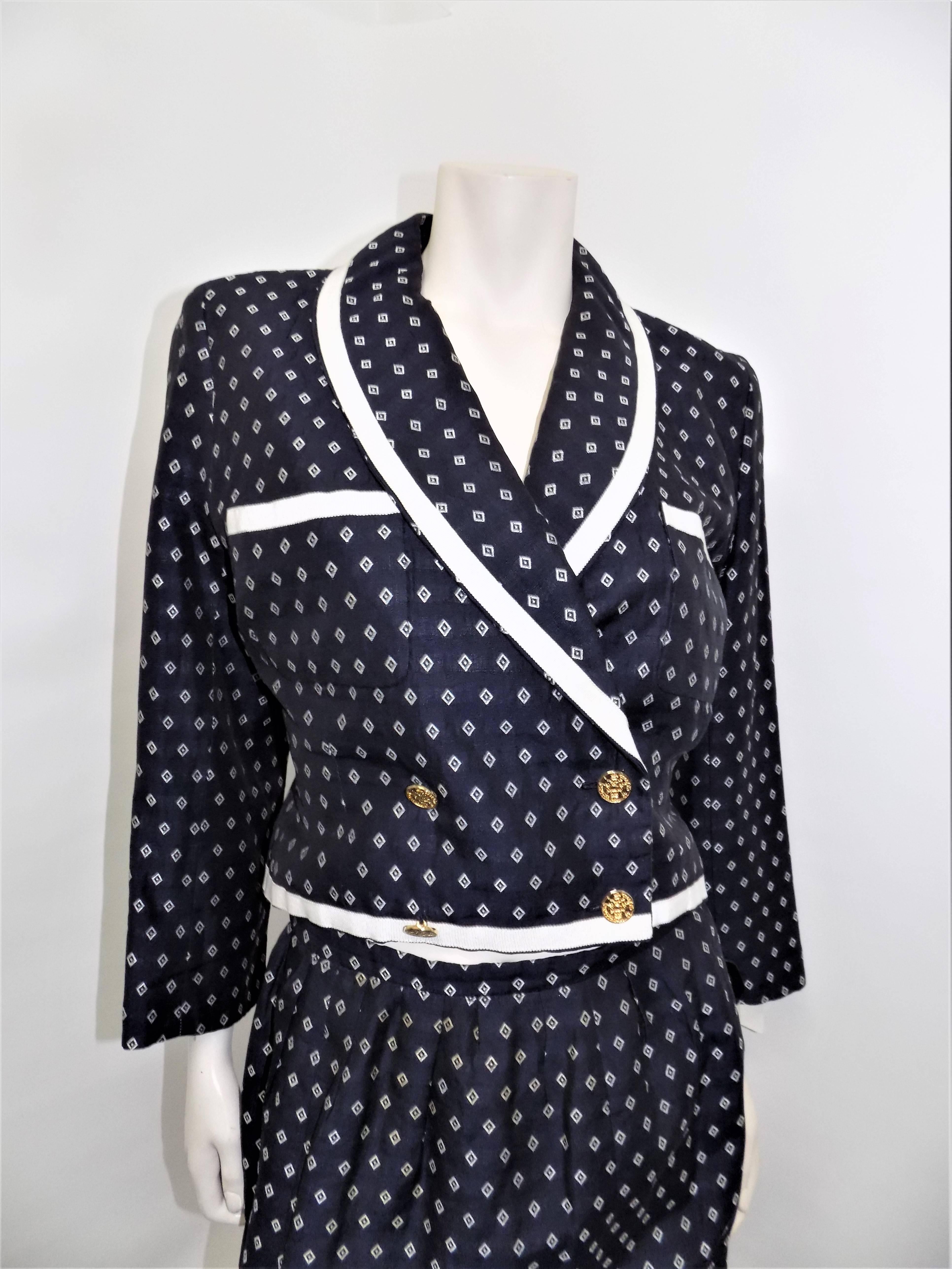 Black Chanel nautical navy white  cropped  style shawl collar vintage skirt suit 