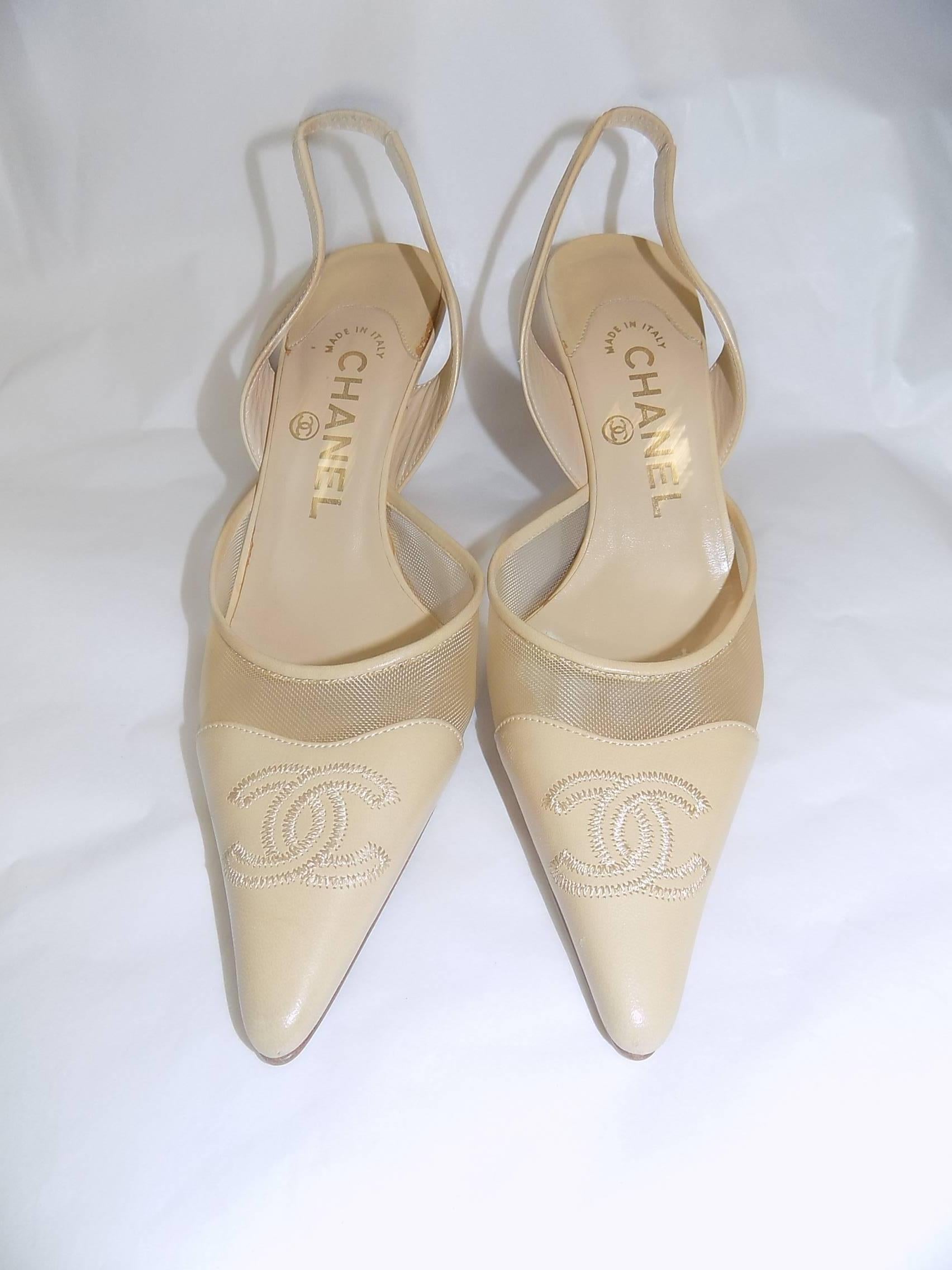 Perfect Chanel shoes. Gently worn but in mint condition. Slingback with mesh and embroidered CC logo at the point toe. # inch heel.