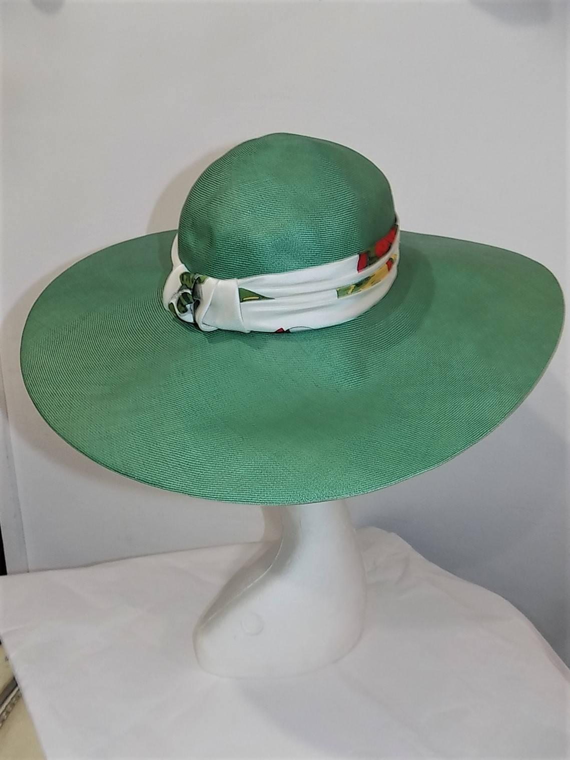 Hermes Fabulous  Rare Vintage large brim  Summer   Hat with silk Scarf In Excellent Condition In New York, NY