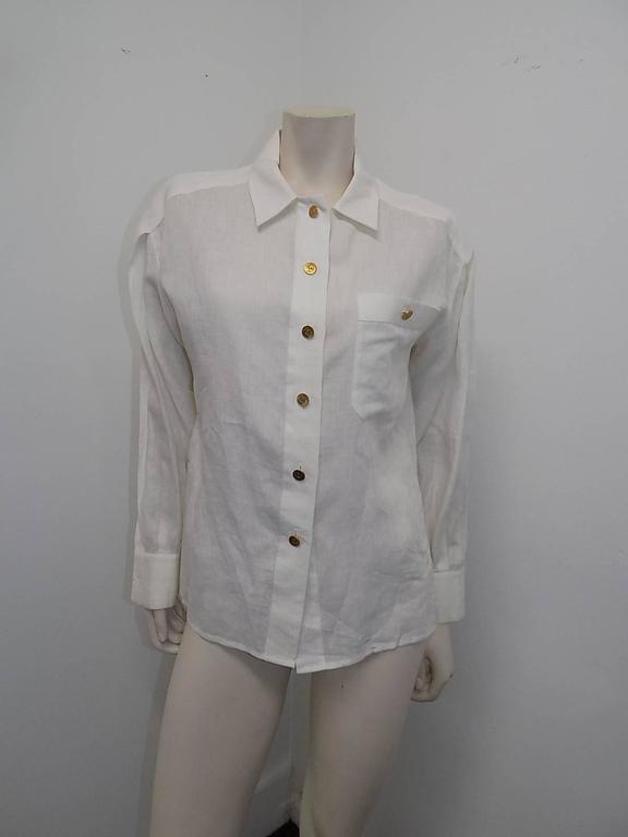 Chanel White linen top stitch button down cc logo Shirt blouse at 1stDibs   chanel cotton canvas blouse, chanel white shirt, chanel button down shirt