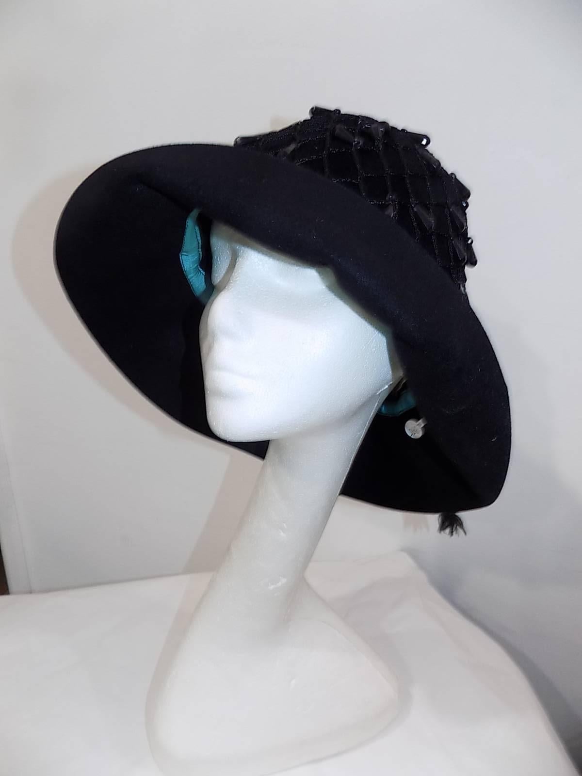 Black  Beaded Vintage Yves Saint Laurent Clochette hat circa 1960 For Sale