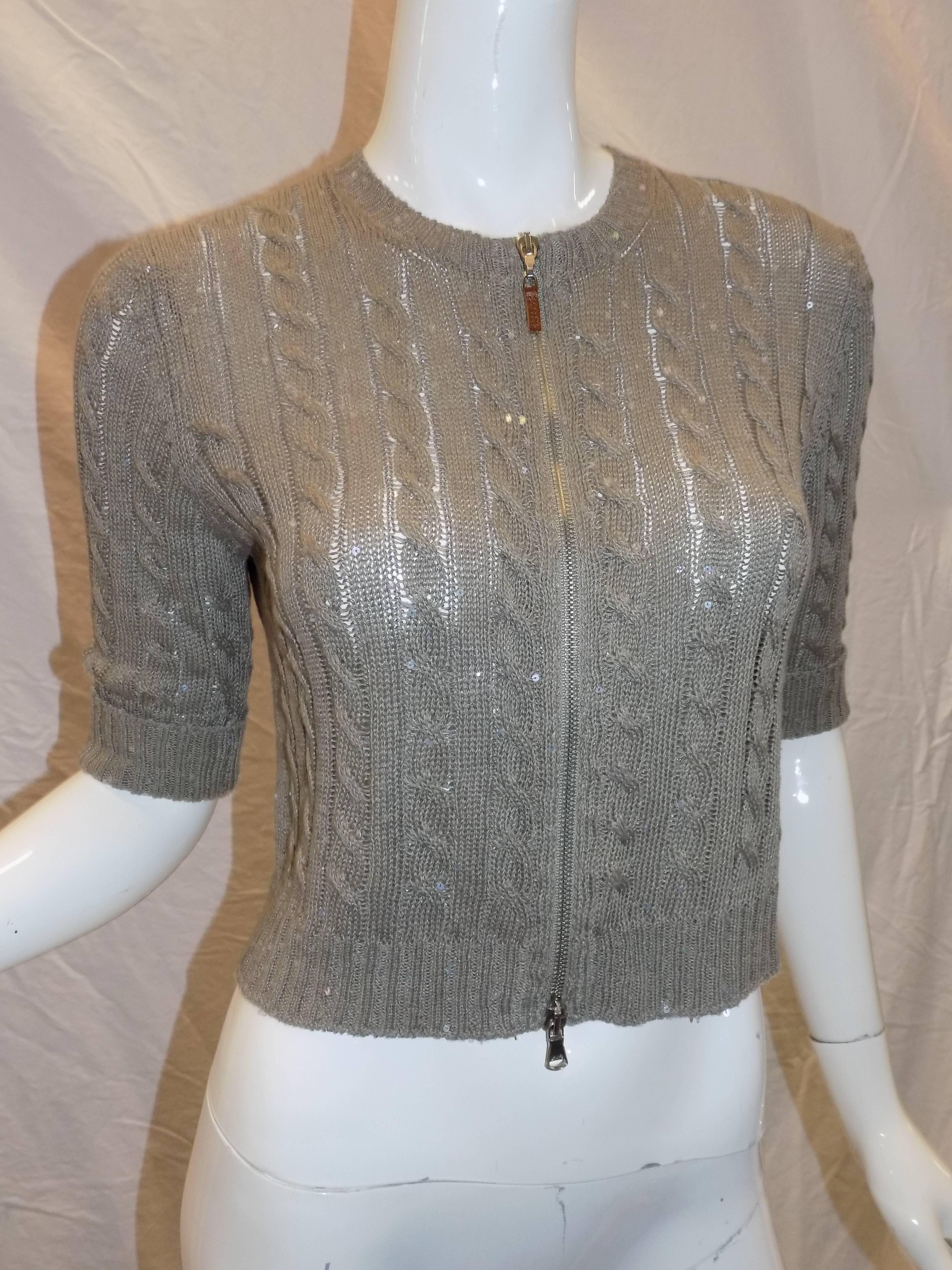 Gray Brunello Cucinelli cable Knit Sequined Sweater cardigan crop top w zipper front