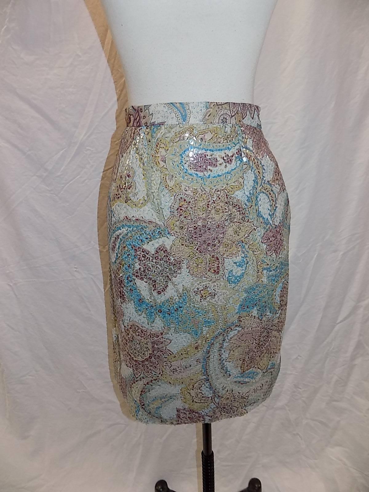 Never worn in pristine condition silk print Etro pencil skirt entirely covered with cleat sequence. Perfect summer / cruise item   Size 38 
Waist 28
