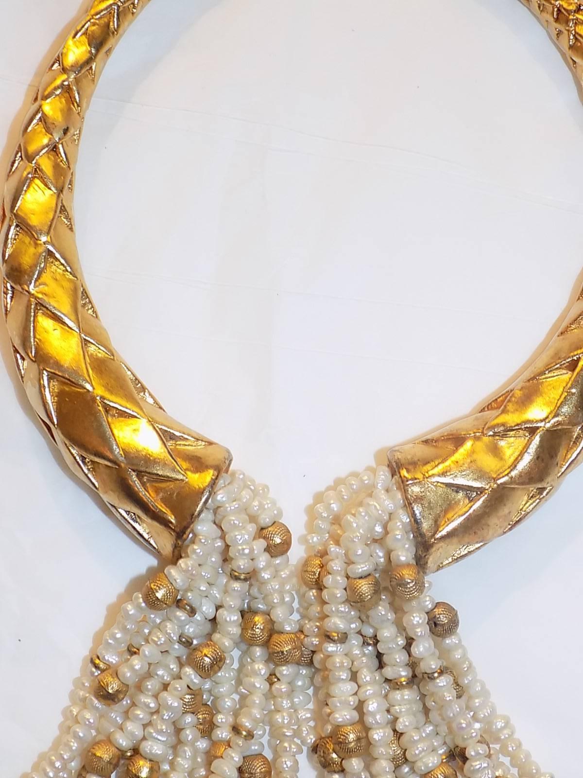 Massive  Signed Vintage  Chocker Necklace Stearling silver/ gold with pearls  In New Condition For Sale In New York, NY