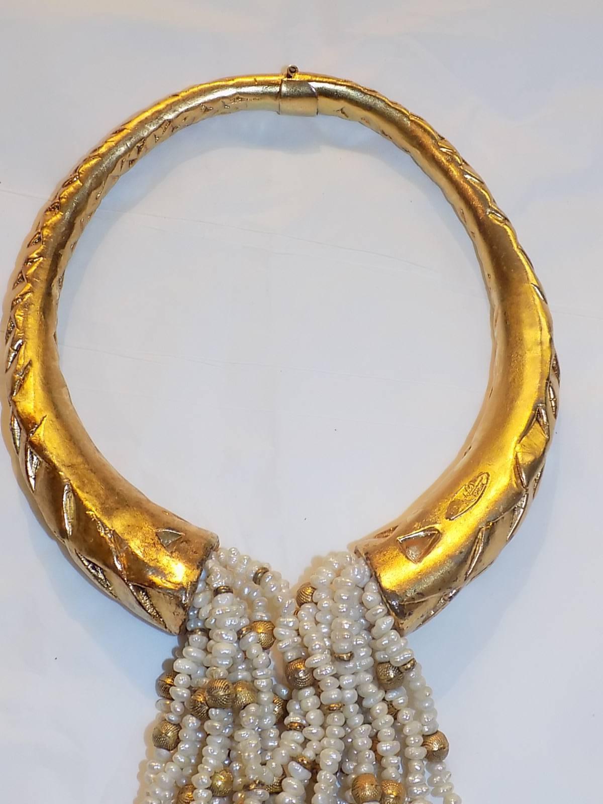 Massive  Signed Vintage  Chocker Necklace Stearling silver/ gold with pearls  For Sale 2