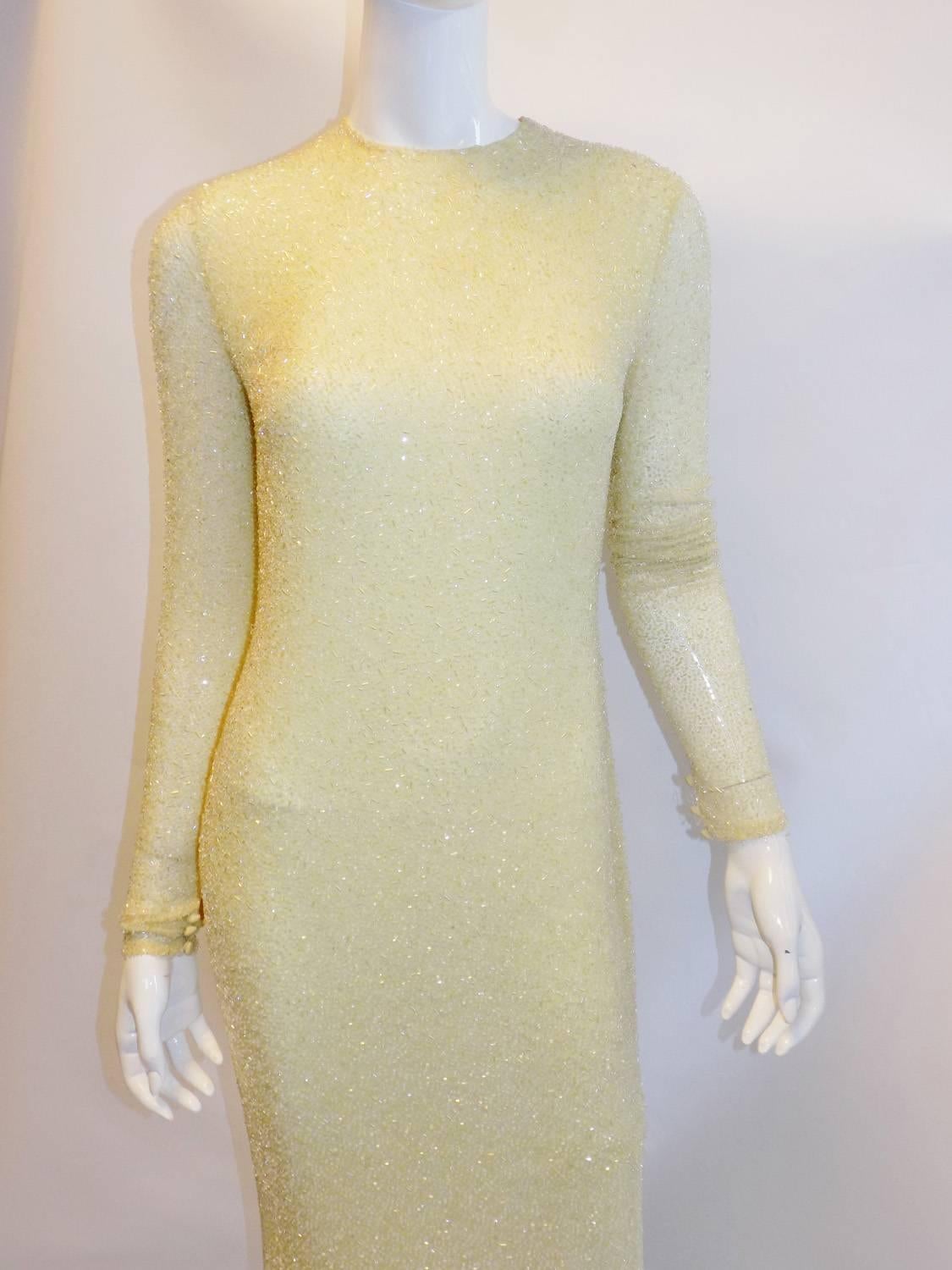 Women's Bill Blass vintage hand beaded pale lemon chiffon gown For Sale