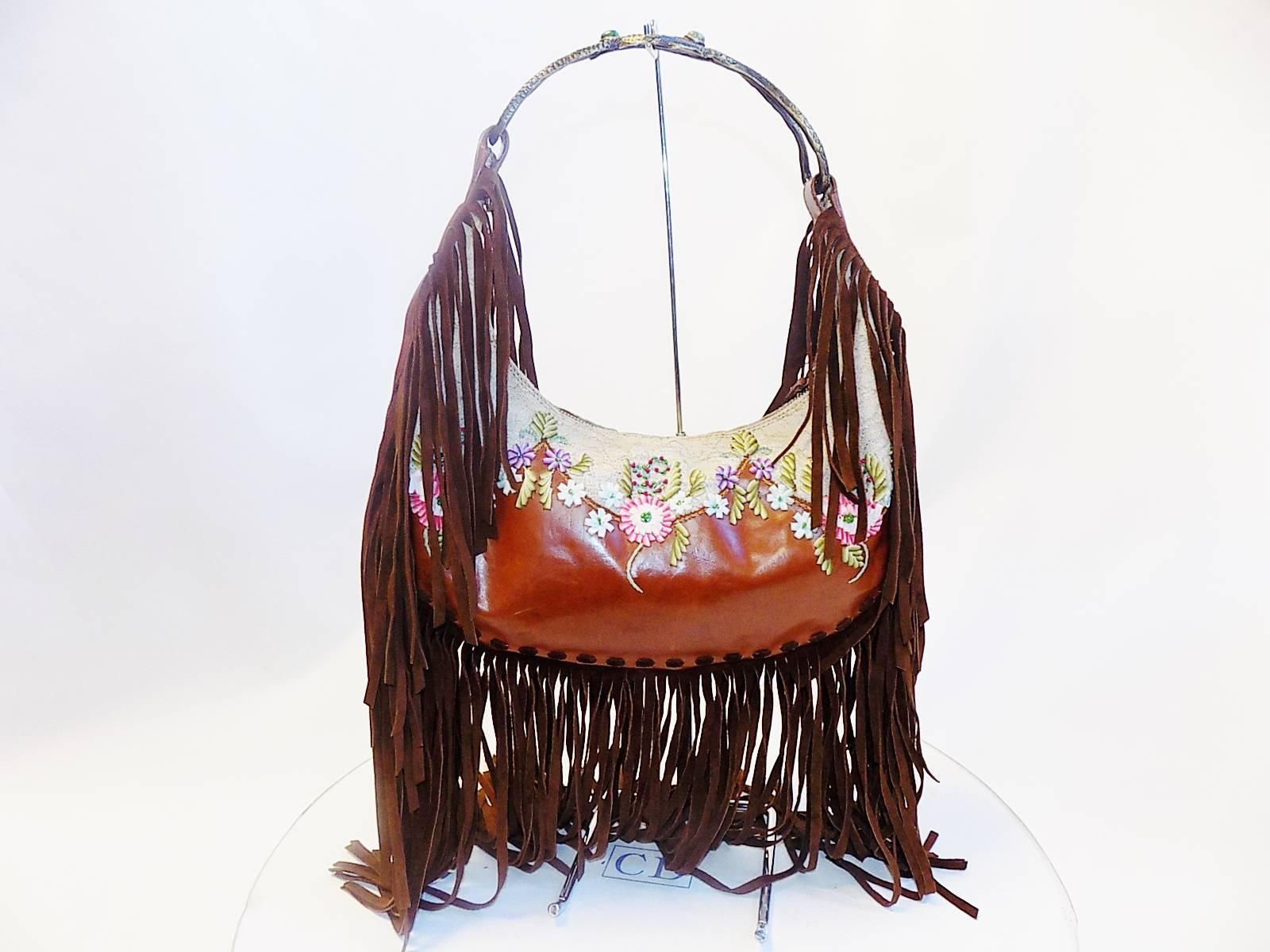 Brown Valentino Leather Lace Beaded/Embroidred Crescent Fringe Serpent Bag