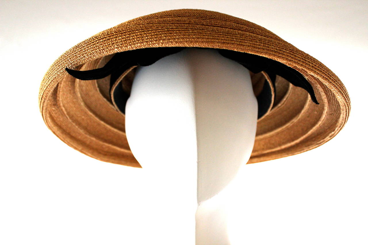 Brown Christian Dior 1950's Straw Saucer Chapeaux with Velvet Bow
