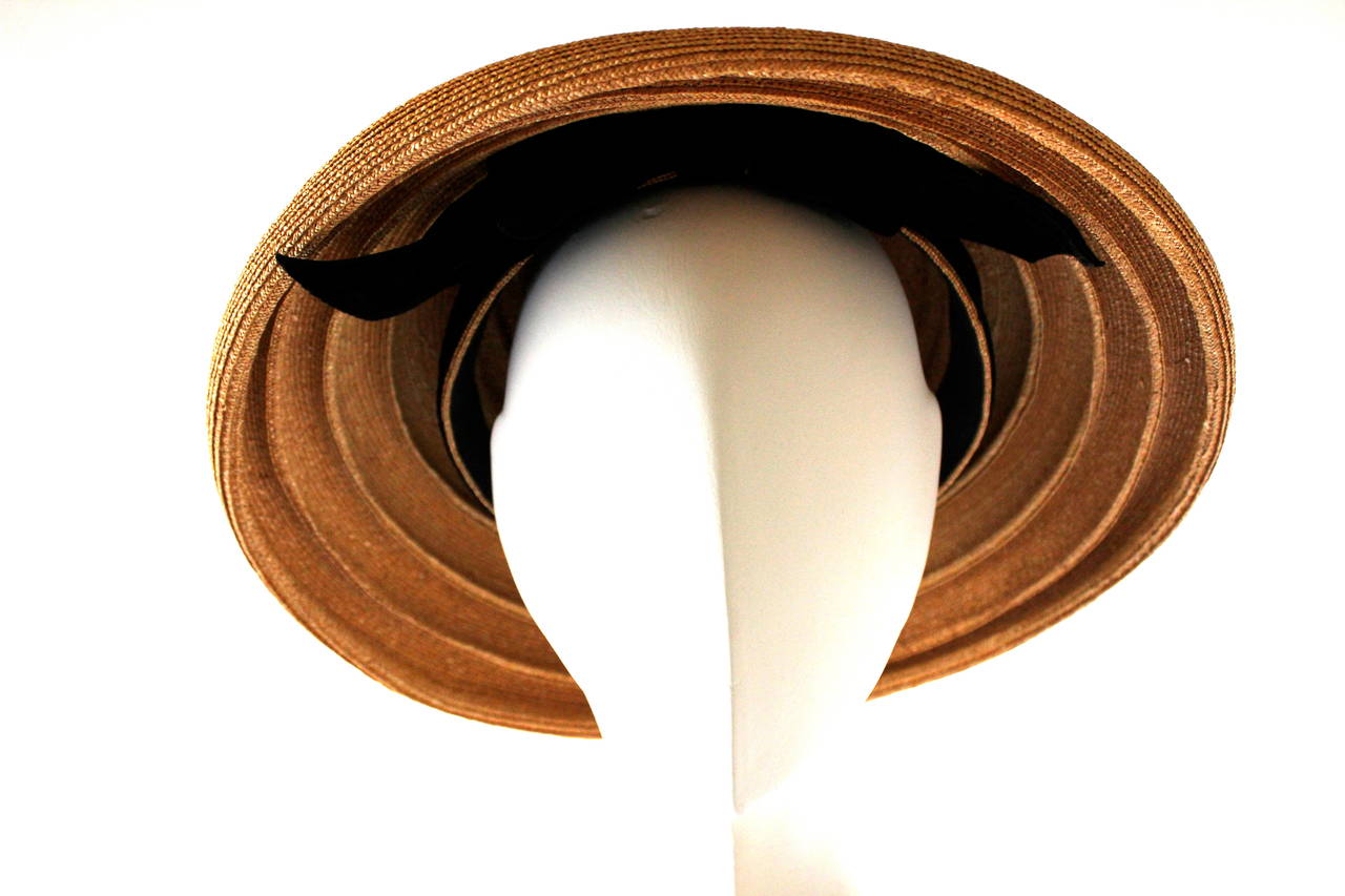 Christian Dior 1950's Straw Saucer Chapeaux with Velvet Bow 2