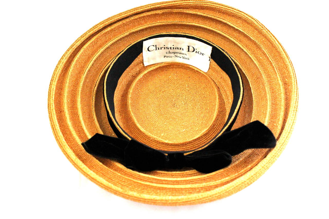 Christian Dior 1950's Straw Saucer Chapeaux with Velvet Bow In Excellent Condition In Bath, GB