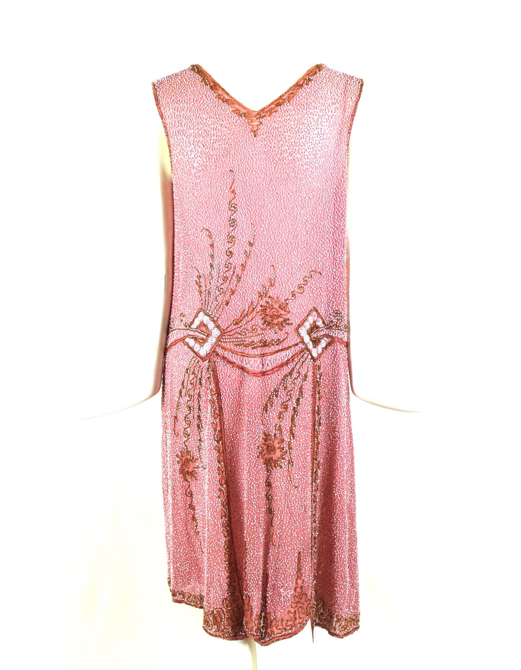 Pink Silk Heavily Beaded Flapper Dress In Excellent Condition In Bath, GB