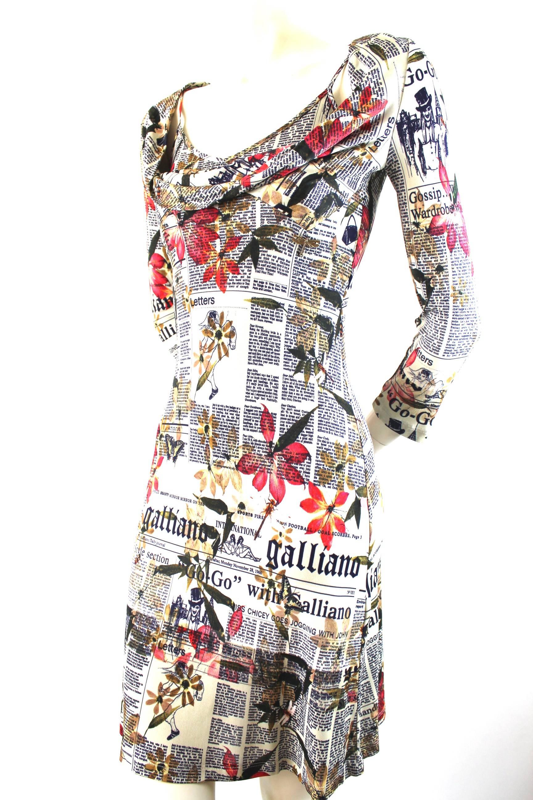 Gray John Galliano Newspaper Print and Flowers Draped Dress