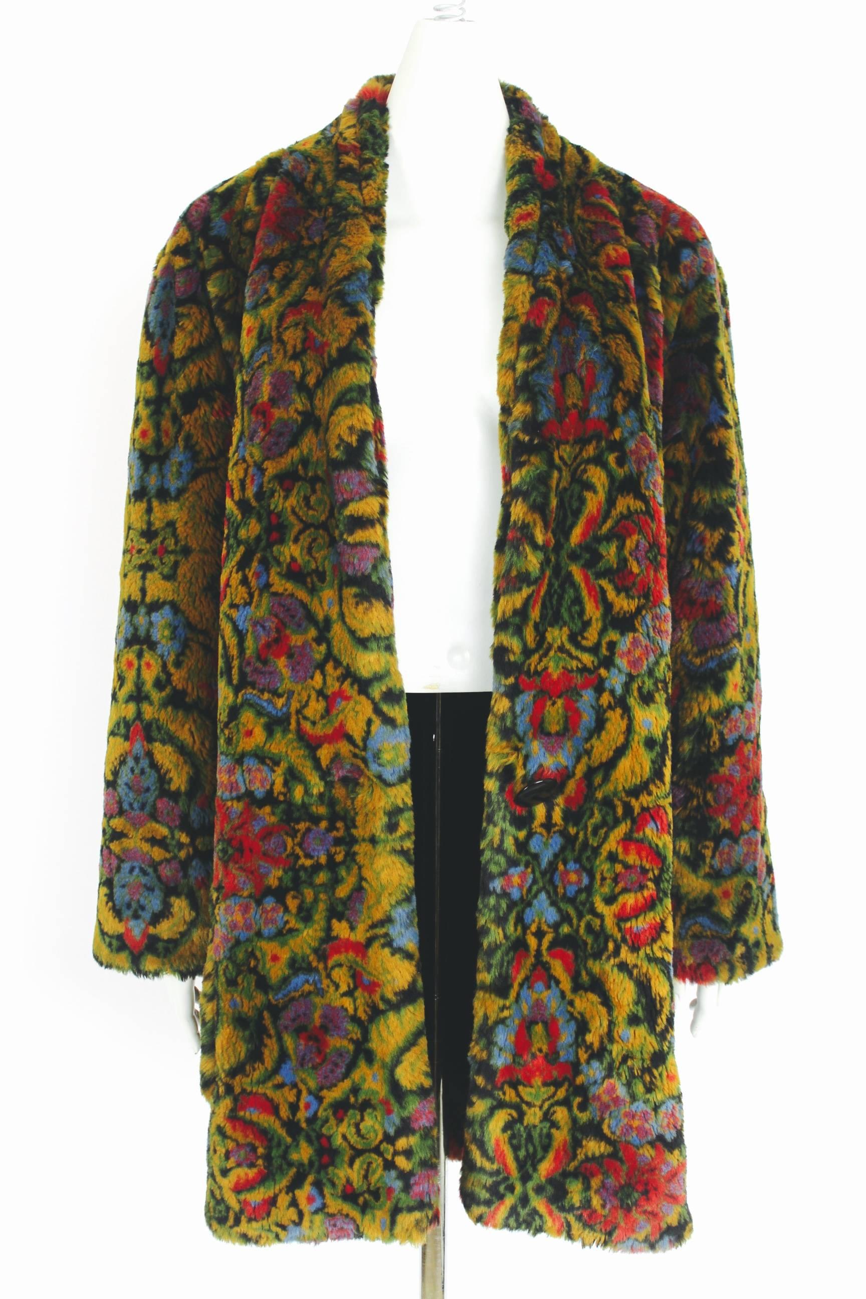 Guy Laroche 1980s Faux Fur Tapestry Design Coat 2