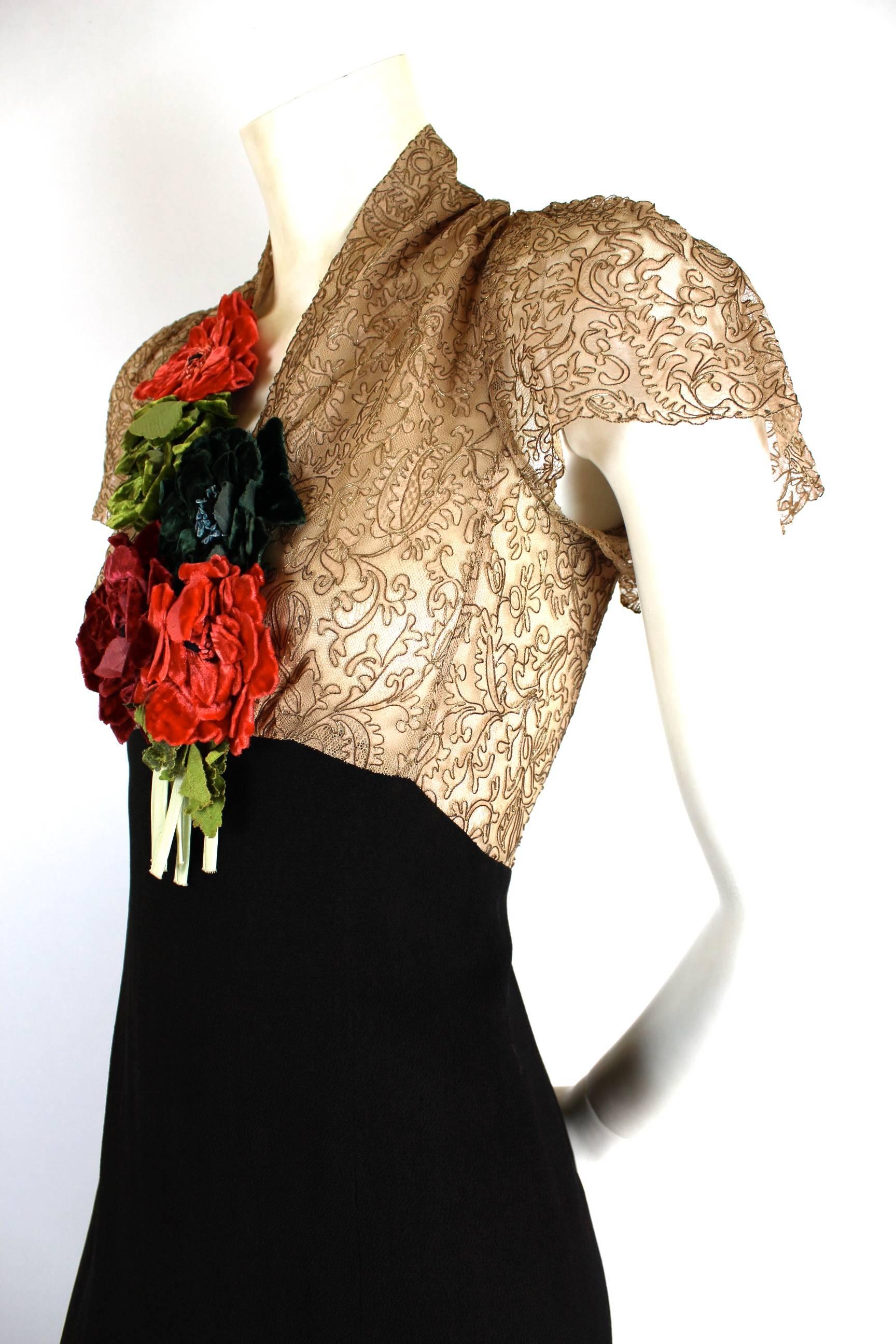 Women's 1930s/1940s Gold lace and Crepe Bacless Dress with Original Corsage