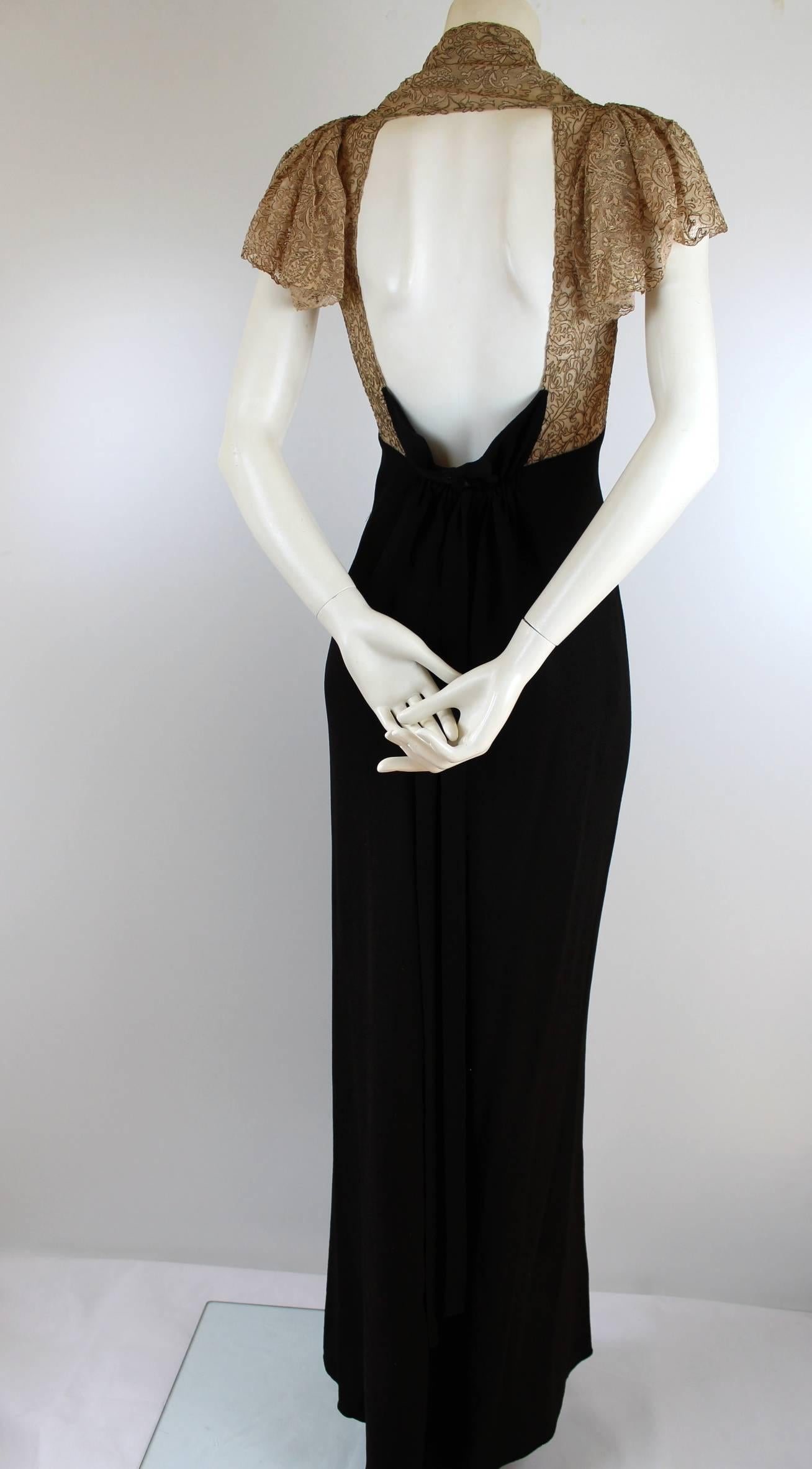 Black 1930s/1940s Gold lace and Crepe Bacless Dress with Original Corsage
