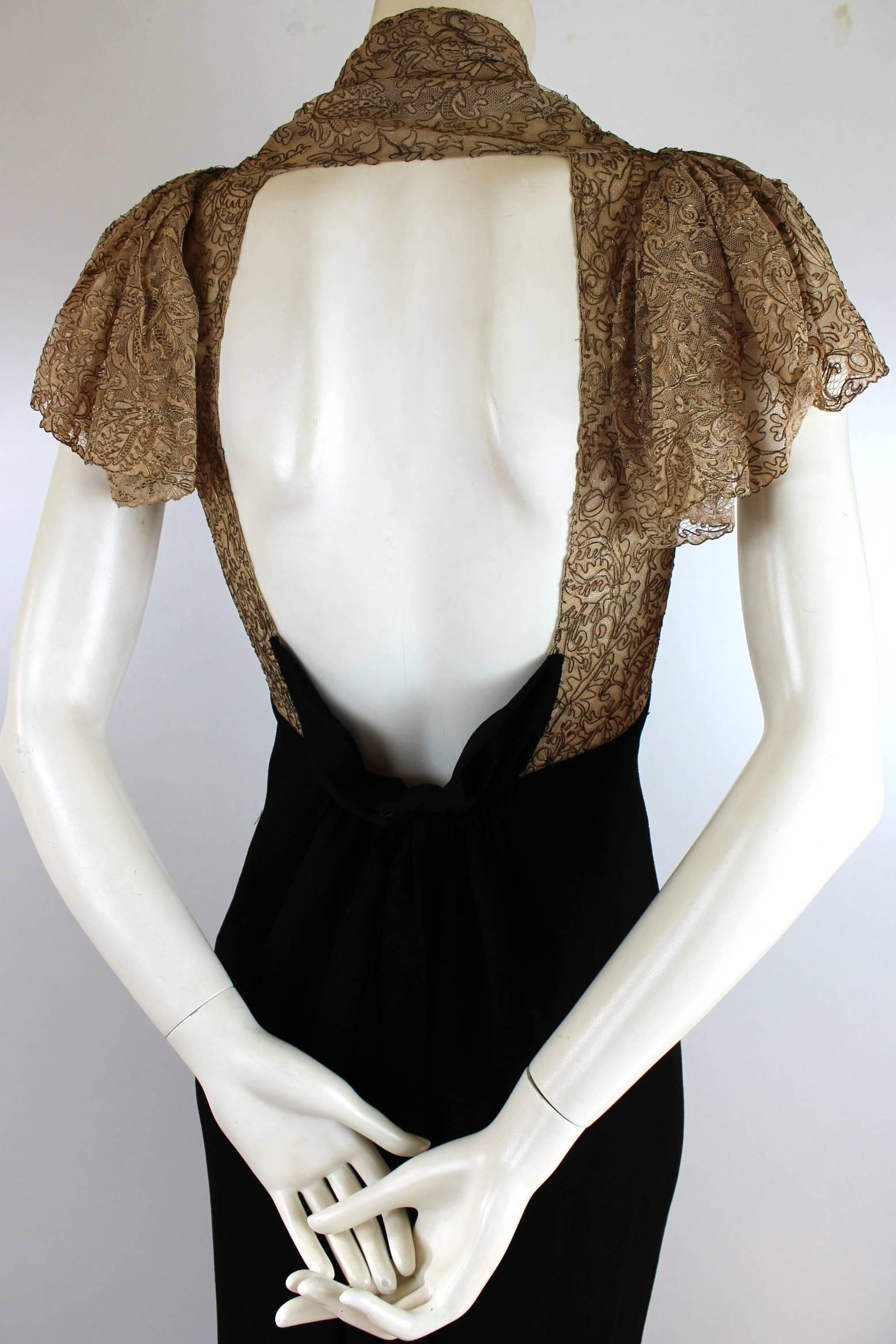 1930s/1940s Gold lace and Crepe Bacless Dress with Original Corsage 2