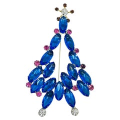 Vintage silver tone sapphire blue pink glass Christmas tree designer brooch