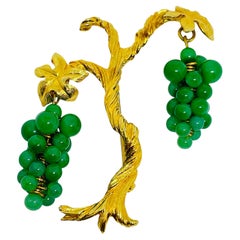 Vintage gold tone dangle jade beads tree designer brooch