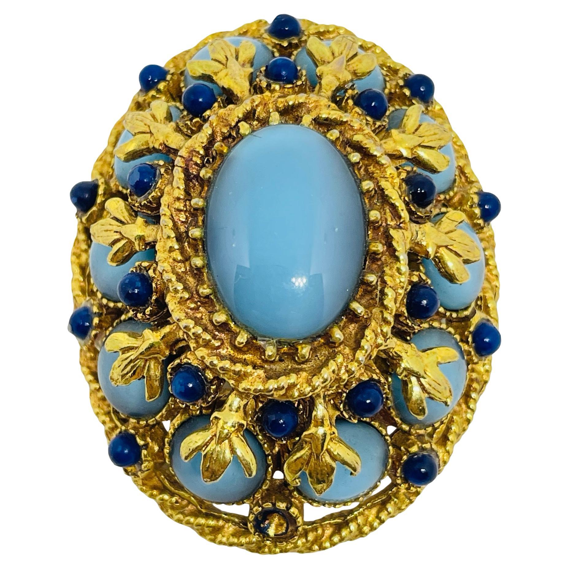 HAR signed vintage gold tone glass turquoise lapis cabochons designer brooch