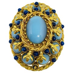 HAR broche vintage signée en verre doré turquoise lapis cabochons de designer