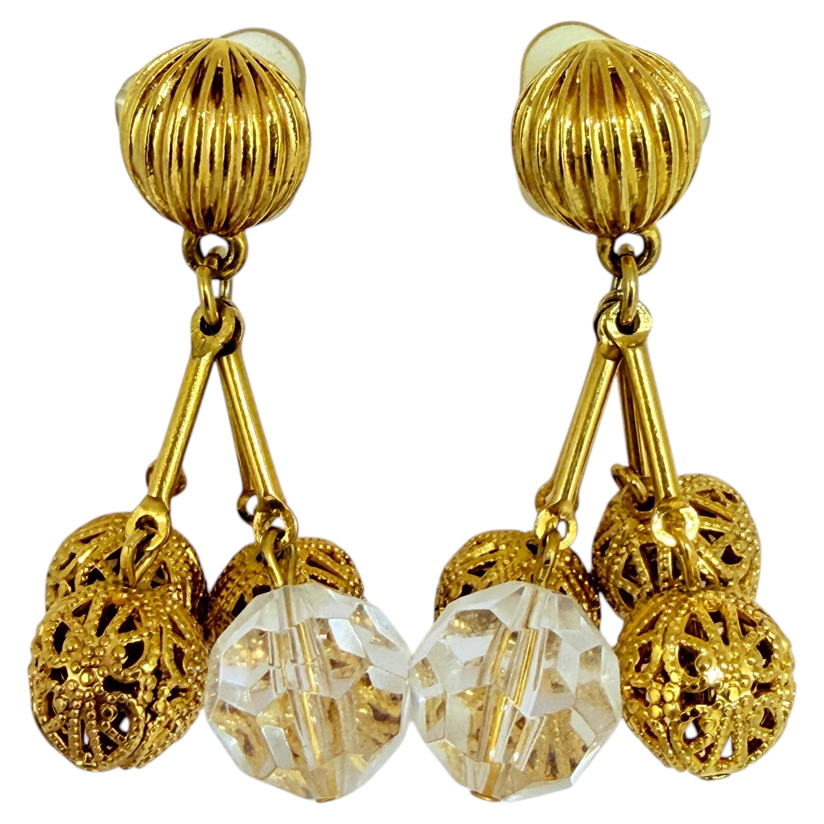 Vintage gold tone dangle crystals filigree balls designer pierced earrings