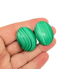 Vintage natural green malachite cabochons brass designer clip on earrings