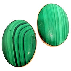 Vintage natural green malachite cabochons brass designer clip on earrings