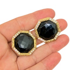 Vintage Gold Ton schwarz Glas Strass Designer Clip auf Ohrringe