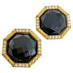Pendientes vintage de cristal negro dorado de diseño con clip