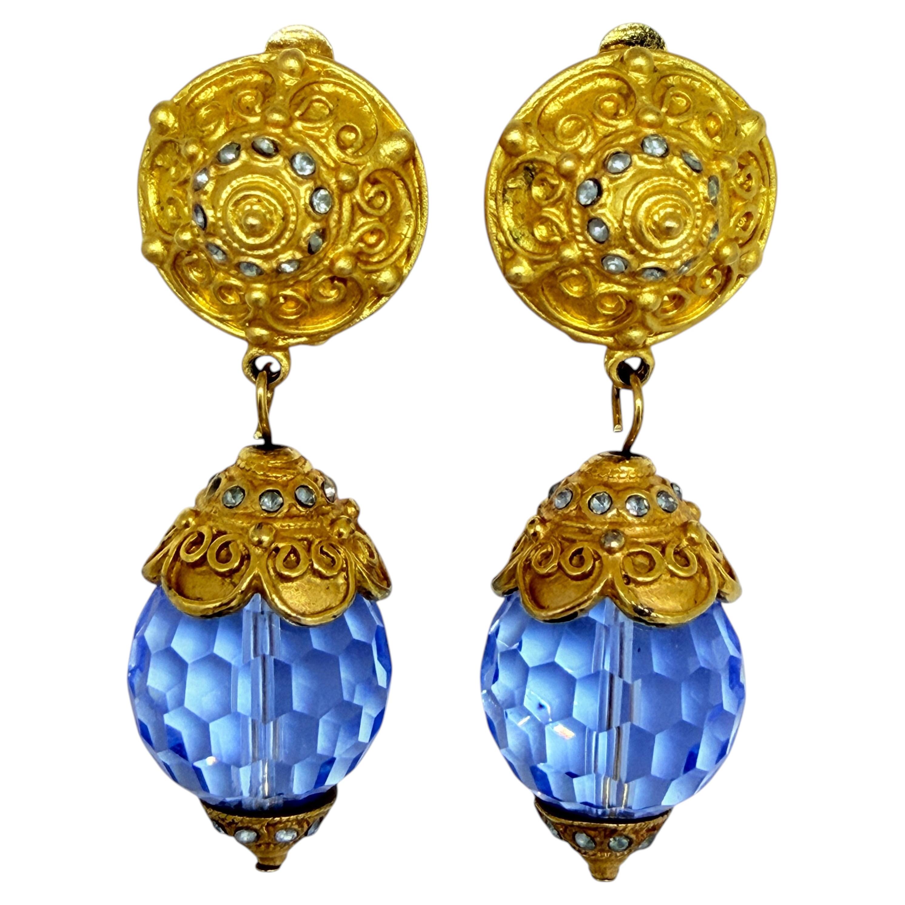 LESLIE BLOCK signed vintage gold glass ball etruscan designer clip on earrings