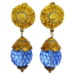 LESLIE BLOCK signed vintage gold glass ball etruscan designer clip on earrings
