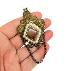 Vintage Czech gold tone designer glass faux pearls dangle chain brooch