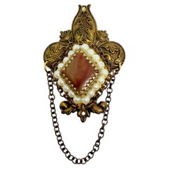Vintage Czech gold tone designer glass faux pearls dangle chain brooch