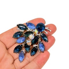 Vintage silver tone blue rhinestones leafs designer brooch