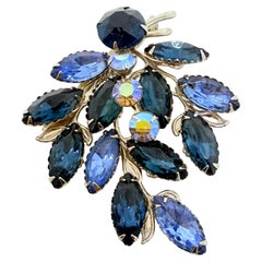 Vintage silver tone blue rhinestones leafs designer brooch