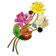 MADE IN AUSTRIA vintage gold tone enamel rhinestones flowers designer brooch