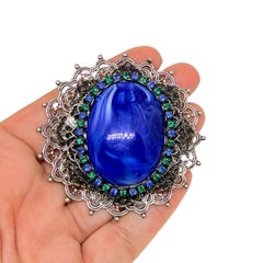 WESTERN GERMANY silver tone blue glass rhinestones massive designer brooch