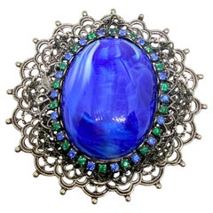 WESTERN GERMANY silver tone blue glass rhinestones massive designer brooch