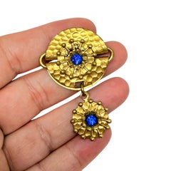 CZECH vintage gold tone blue rhinestones dangle designer brooch
