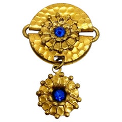 CZECH vintage gold tone blue rhinestones dangle designer brooch